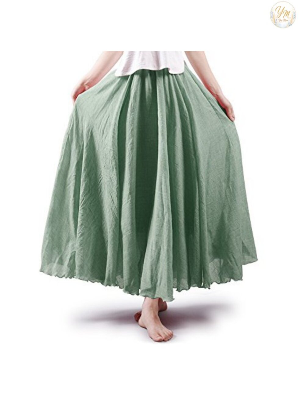Boho Cotton Maxi Skirt Flowy A-Line Double Layer Elastic Waist